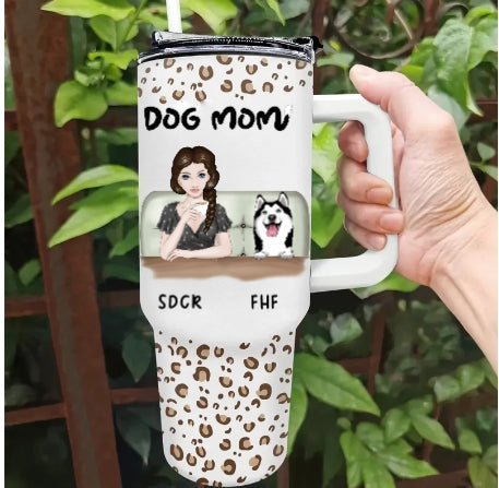 Dog Mom Leopard Pattern - Personalized 40oz Tumbler With Straw