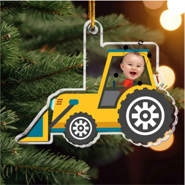 Christmas Boy Riding Construction Vehicle - Personalized Babys Photo First Christmas Ornament