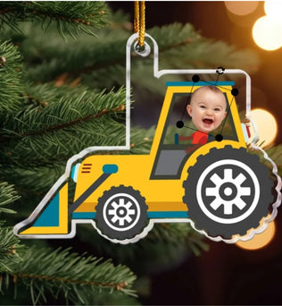 Christmas Boy Riding Construction Vehicle - Personalized Babys Photo First Christmas Ornament