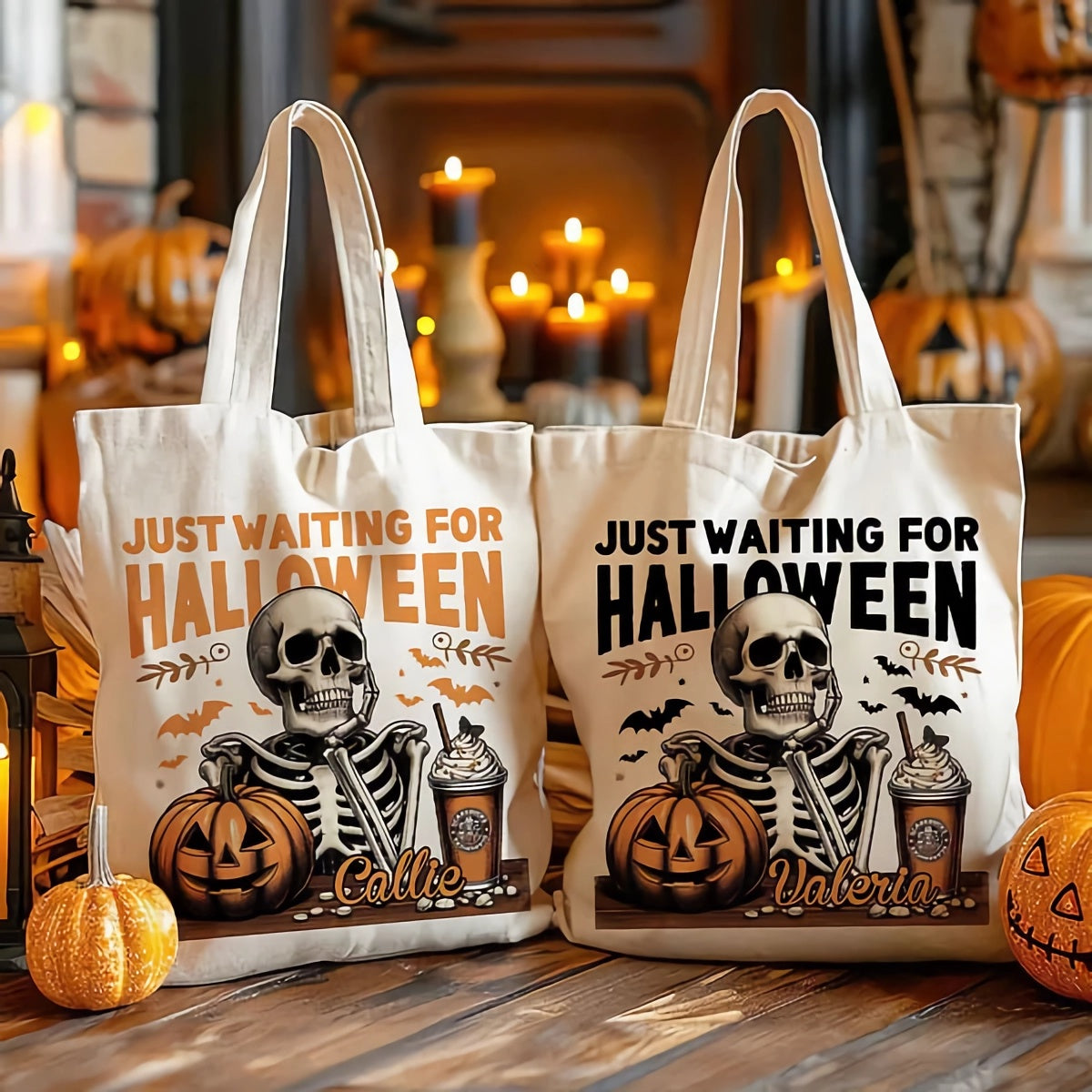 Personalized Just Waiting For Halloween Pumpkin Skull Reusable Canvas Tote Bag with Name Halloween Gift for Friend Family