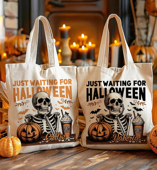 Personalized Just Waiting For Halloween Pumpkin Skull Reusable Canvas Tote Bag with Name Halloween Gift for Friend Family