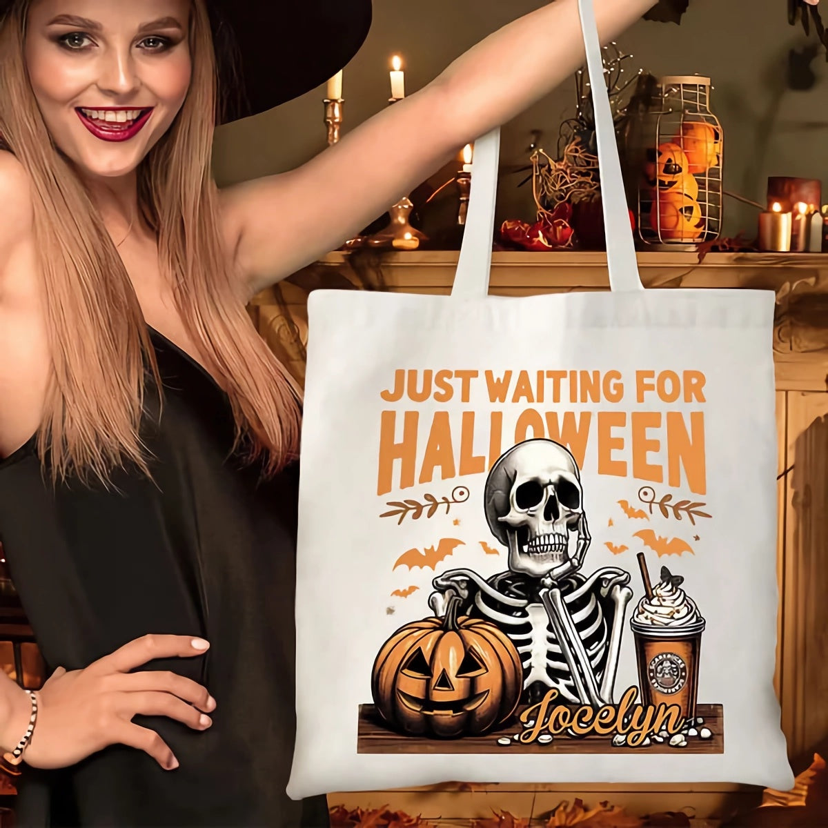 Personalized Just Waiting For Halloween Pumpkin Skull Reusable Canvas Tote Bag with Name Halloween Gift for Friend Family