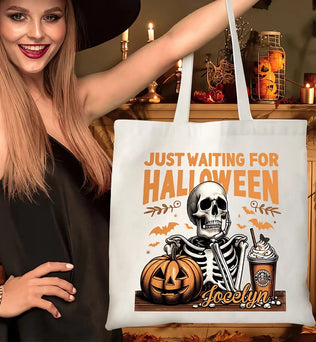 Personalized Just Waiting For Halloween Pumpkin Skull Reusable Canvas Tote Bag with Name Halloween Gift for Friend Family