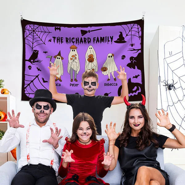 Personalized Multicolor Halloween Theme Cartoon Ghost Family Tapestry with 2-10 Names Backdrop Wall Decor Holiday Party Gift for Family