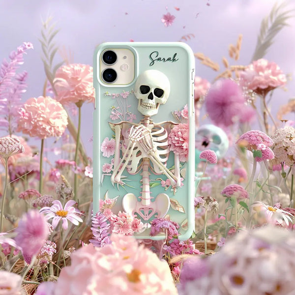 Personalized Name Pink Floral Skull Phone Case, Embroidered Look Floral Charm Phone Cover, Halloween Cottagecore, iPhone, Pixel, Samsung