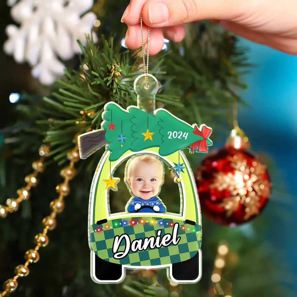 Custom Photo Cute Baby First Christmas Car - Personalized Cutout Acrylic Ornament