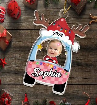 Custom Photo Cute Baby First Christmas Car - Personalized Cutout Acrylic Ornament