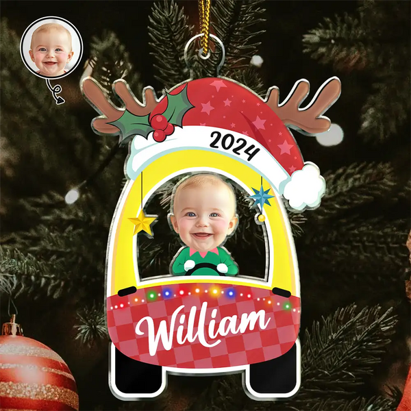 Custom Photo Cute Baby First Christmas Car - Personalized Cutout Acrylic Ornament