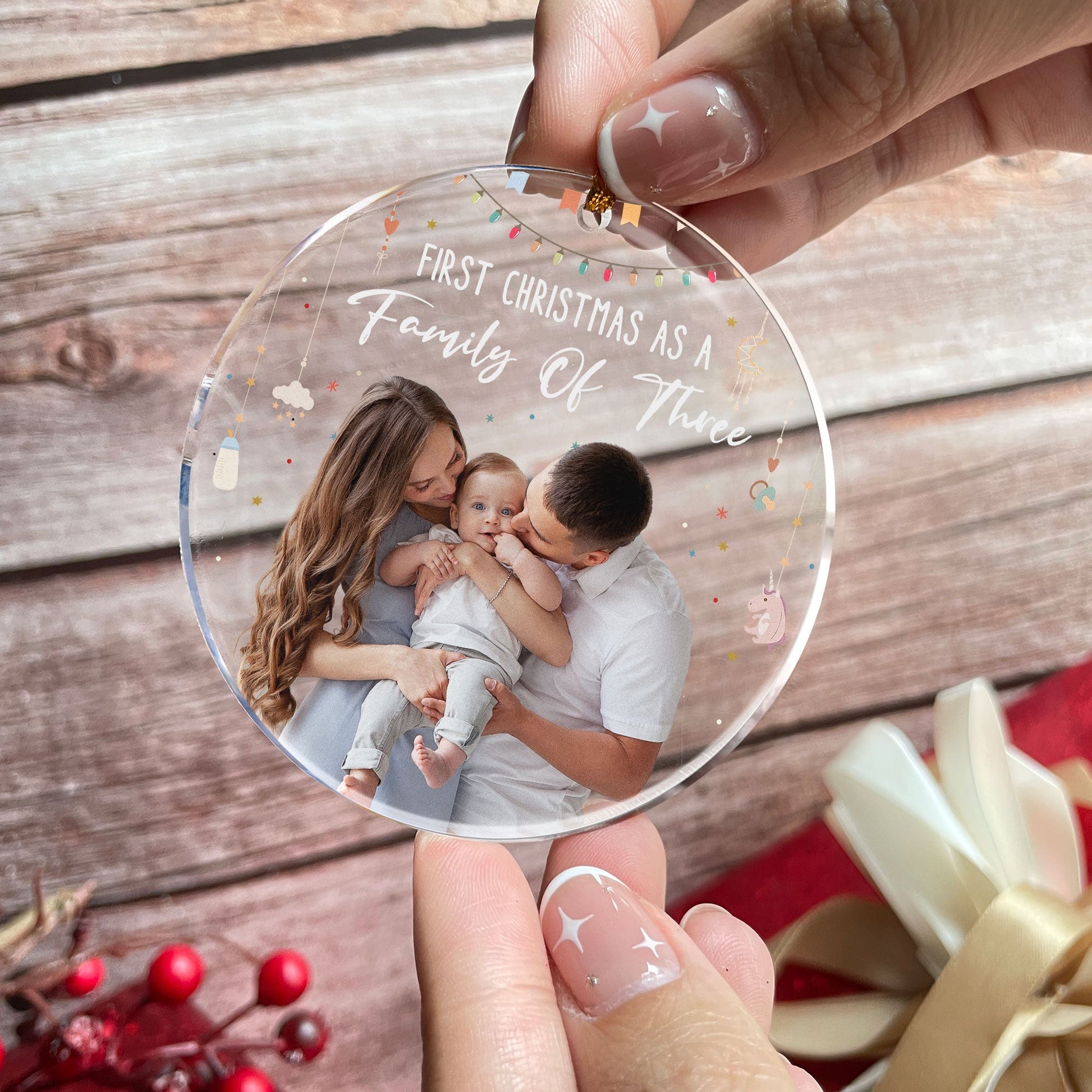 Baby First Christmas As A Family Of Three - Personalized Photo Acrylic Ornament