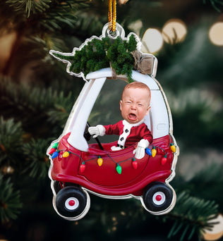 Custom Baby Kid In Car - Personalized Newborn Christmas Photo Ornament