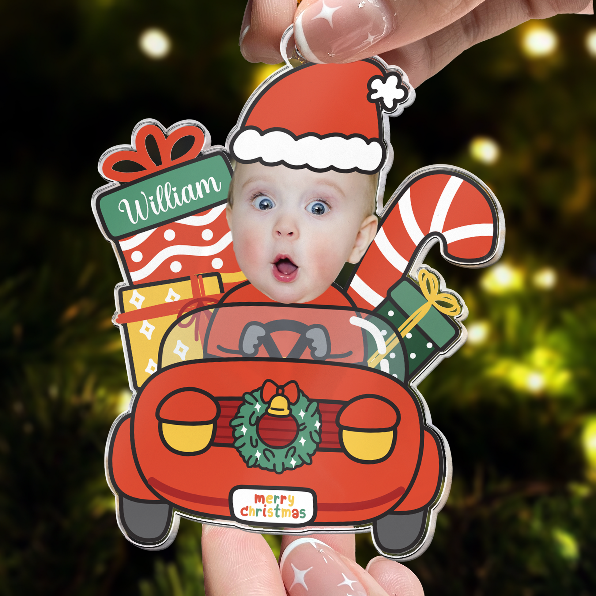 Cute Baby Santa Claus Drive Christmas Car - Personalized Acrylic Photo Ornament