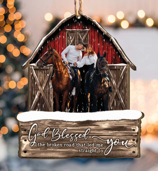 God Blessed The Broken Road Red Barn - Personalized Wooden Photo Ornament