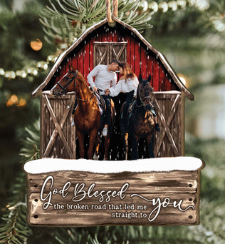 God Blessed The Broken Road Red Barn - Personalized Wooden Photo Ornament