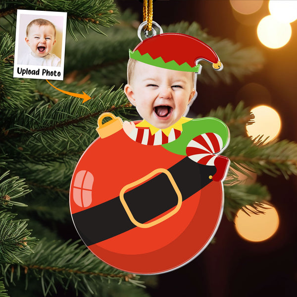 Cute Baby Elf Christmas - Personalized Babys Photo First Christmas Ornament