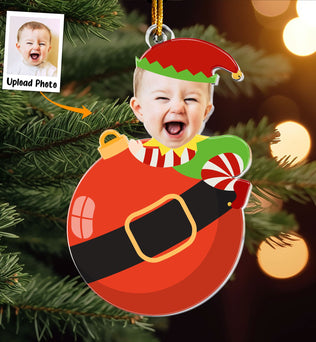 Cute Baby Elf Christmas - Personalized Babys Photo First Christmas Ornament