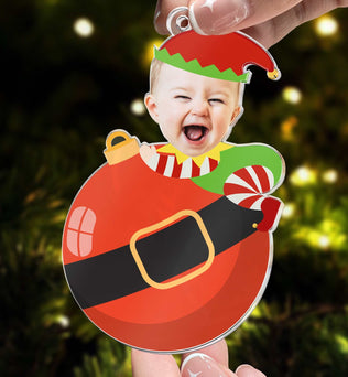 Cute Baby Elf Christmas - Personalized Babys Photo First Christmas Ornament