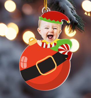 Cute Baby Elf Christmas - Personalized Babys Photo First Christmas Ornament