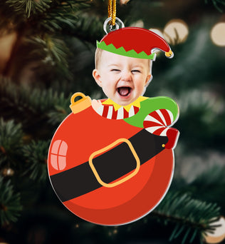 Cute Baby Elf Christmas - Personalized Babys Photo First Christmas Ornament