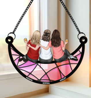 Friends, Sisters Sitting On The Moon - Personalized Window Hanging Suncatcher Ornament - Gifts For Women