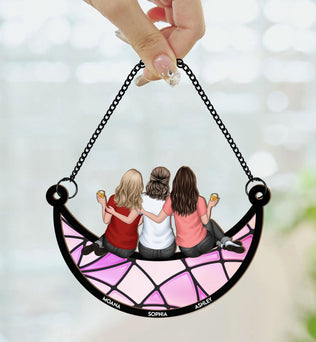 Friends, Sisters Sitting On The Moon - Personalized Window Hanging Suncatcher Ornament - Gifts For Women