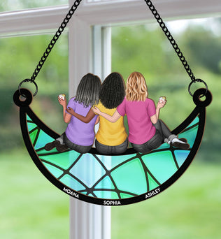 Friends, Sisters Sitting On The Moon - Personalized Window Hanging Suncatcher Ornament - Gifts For Women