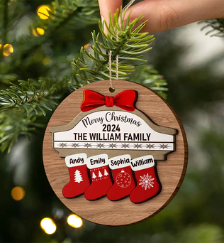 Merry Christmas Stocking Family - Christmas Gift For Family - Personalized 2-Layered Wooden Ornament