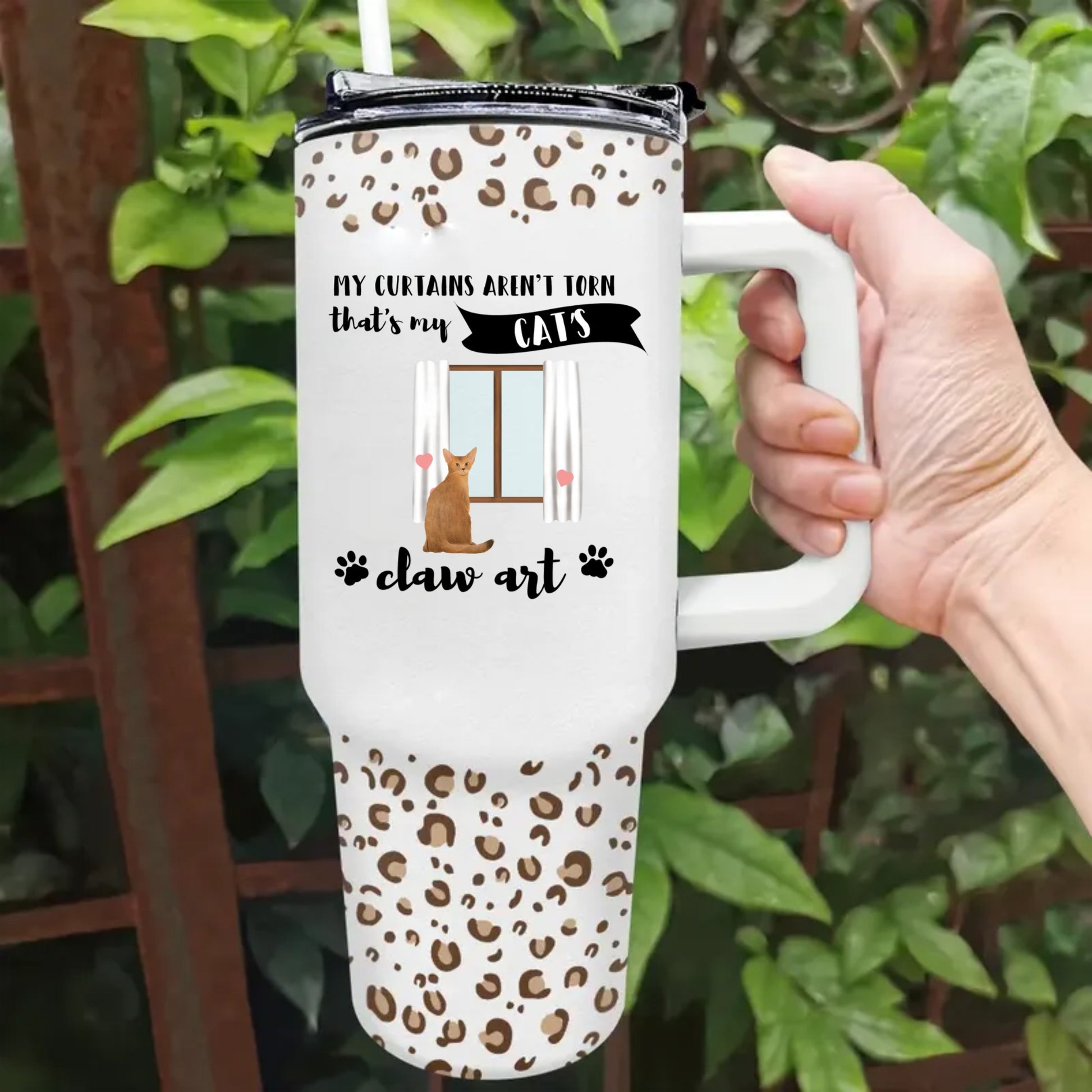 Cat Mom Leopard Pattern - Personalized 40oz Tumbler With Straw