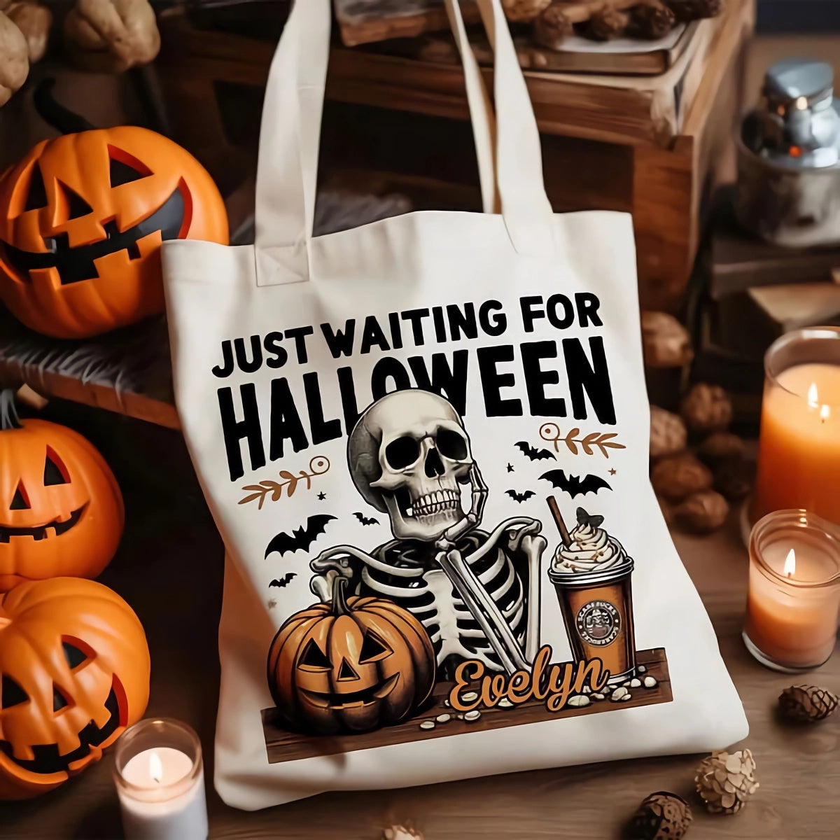 Personalized Just Waiting For Halloween Pumpkin Skull Reusable Canvas Tote Bag with Name Halloween Gift for Friend Family