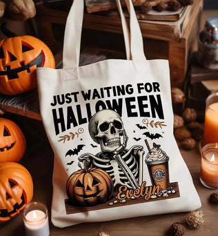 Personalized Just Waiting For Halloween Pumpkin Skull Reusable Canvas Tote Bag with Name Halloween Gift for Friend Family