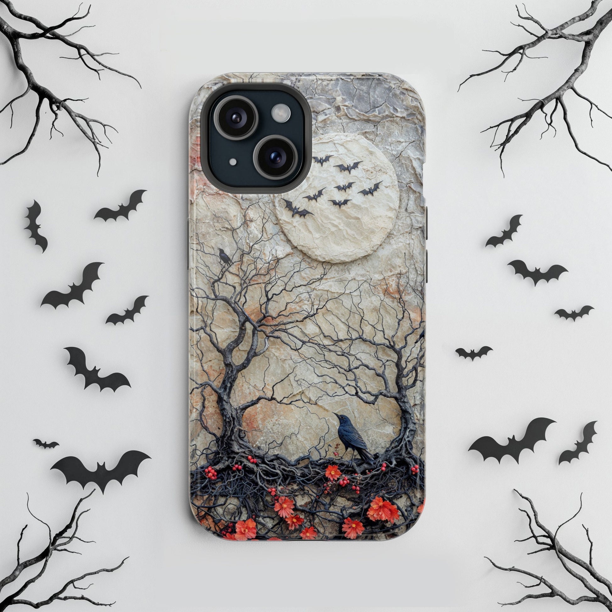 Raven Halloween MagSafe iPhone Case - Fits iPhone 15 Pro Max to iPhone 13 - Spooky Protective Cover with Bats and Flowers, Halloween Gift