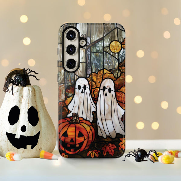 Halloween Phone Case Ghosts Faux Stained Glass Spooky Cover Halloween Lovers fit for iPhone 15 14 13 12 11 Pro Max Xr 8 Plus, Samsung S24 S23 S22 FE A15 A14 A55 A25 Pixel 8 7