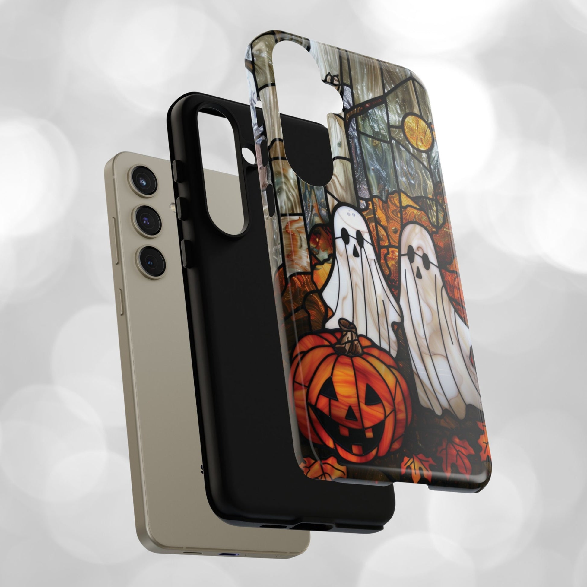 Halloween Phone Case Ghosts Faux Stained Glass Spooky Cover Halloween Lovers fit for iPhone 15 14 13 12 11 Pro Max Xr 8 Plus, Samsung S24 S23 S22 FE A15 A14 A55 A25 Pixel 8 7