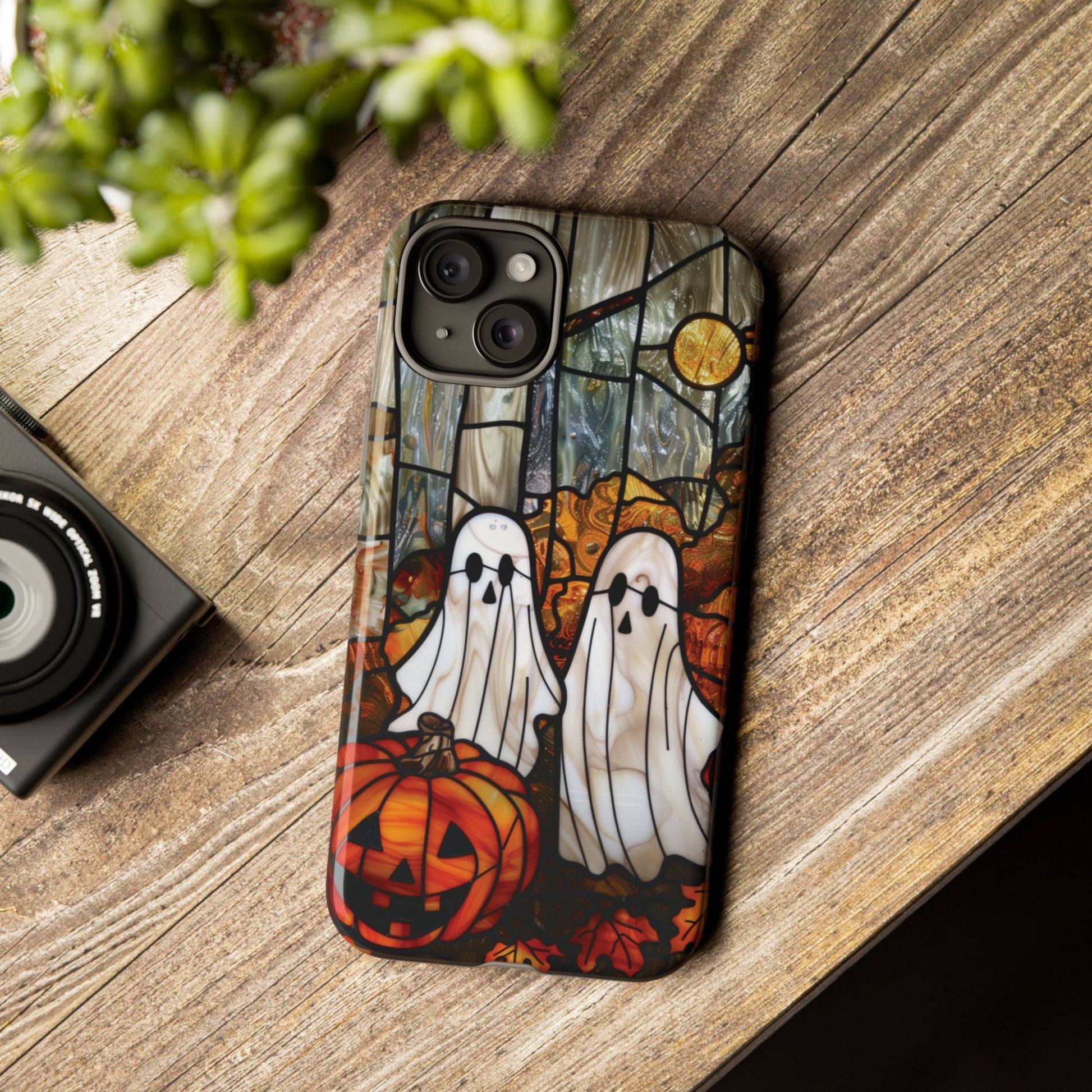 Halloween Phone Case Ghosts Faux Stained Glass Spooky Cover Halloween Lovers fit for iPhone 15 14 13 12 11 Pro Max Xr 8 Plus, Samsung S24 S23 S22 FE A15 A14 A55 A25 Pixel 8 7