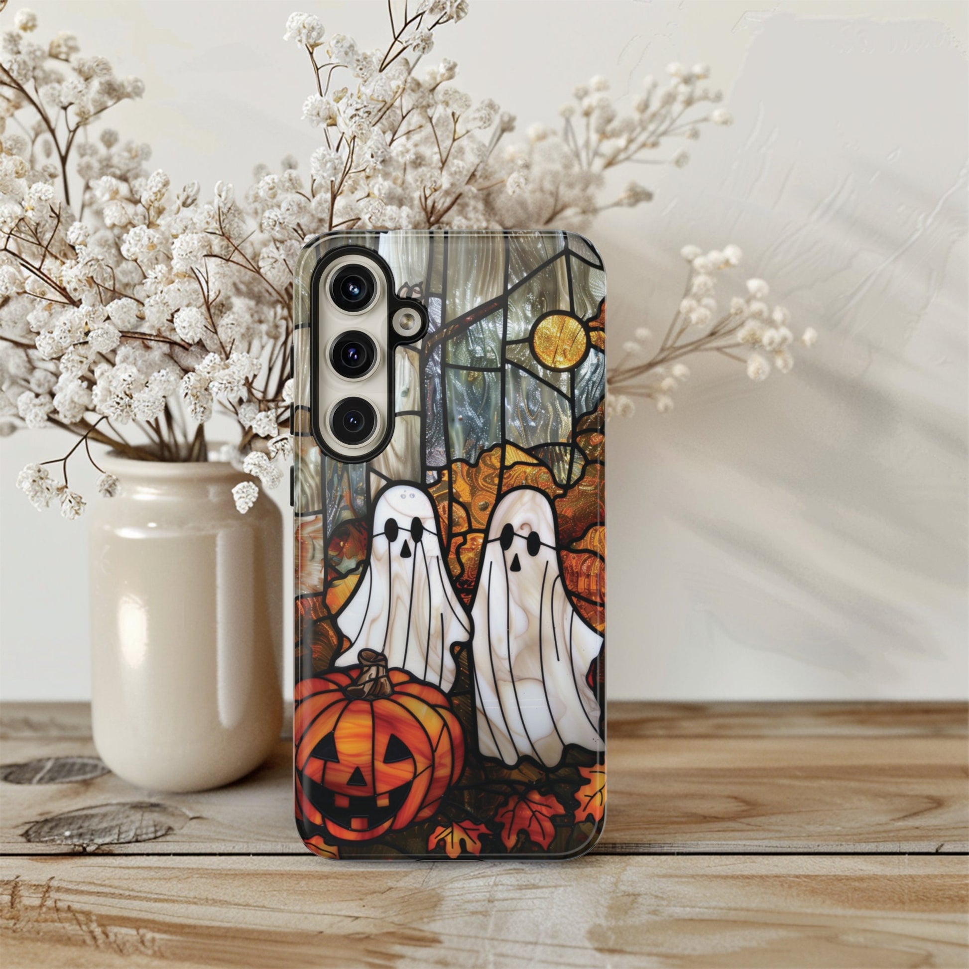 Halloween Phone Case Ghosts Faux Stained Glass Spooky Cover Halloween Lovers fit for iPhone 15 14 13 12 11 Pro Max Xr 8 Plus, Samsung S24 S23 S22 FE A15 A14 A55 A25 Pixel 8 7