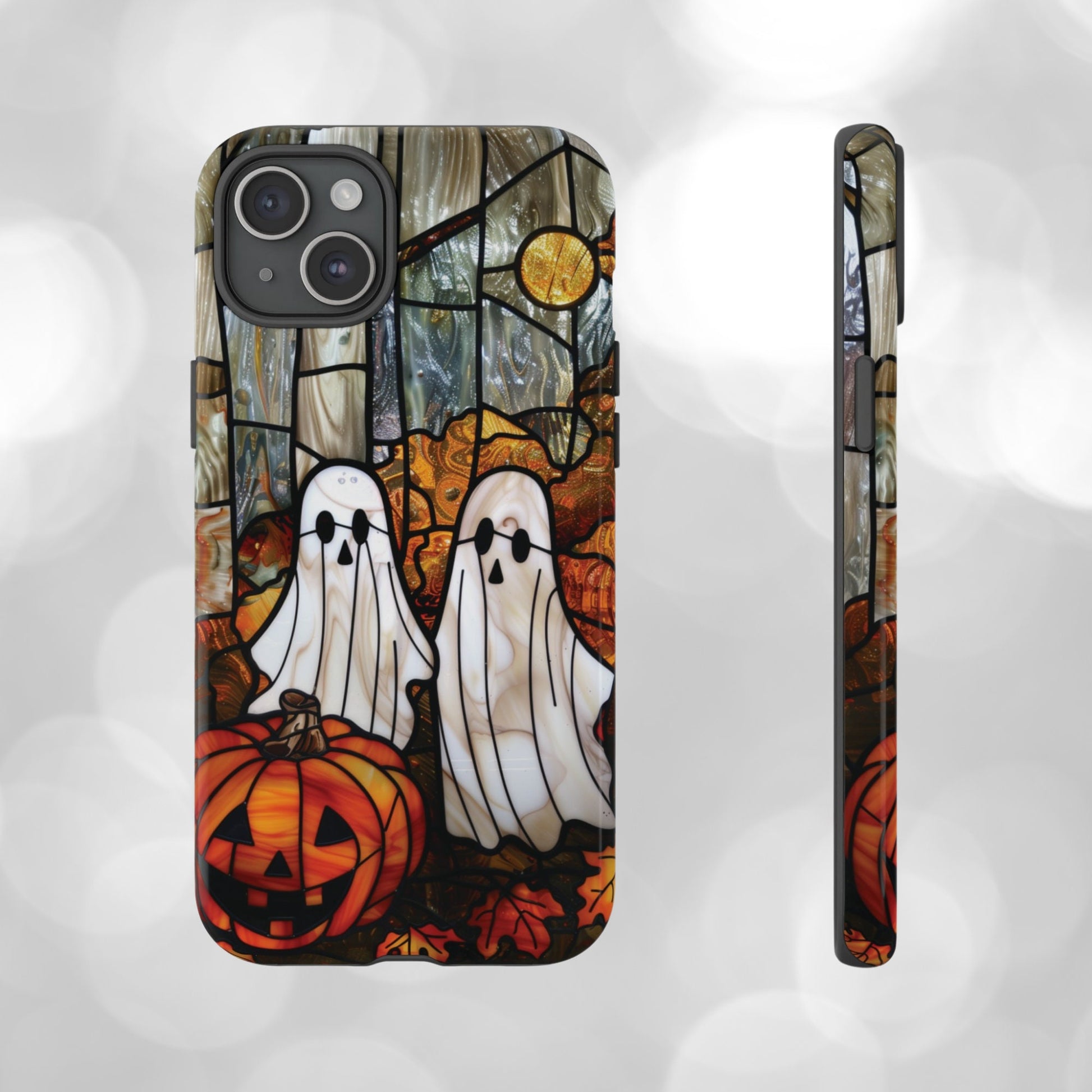 Halloween Phone Case Ghosts Faux Stained Glass Spooky Cover Halloween Lovers fit for iPhone 15 14 13 12 11 Pro Max Xr 8 Plus, Samsung S24 S23 S22 FE A15 A14 A55 A25 Pixel 8 7