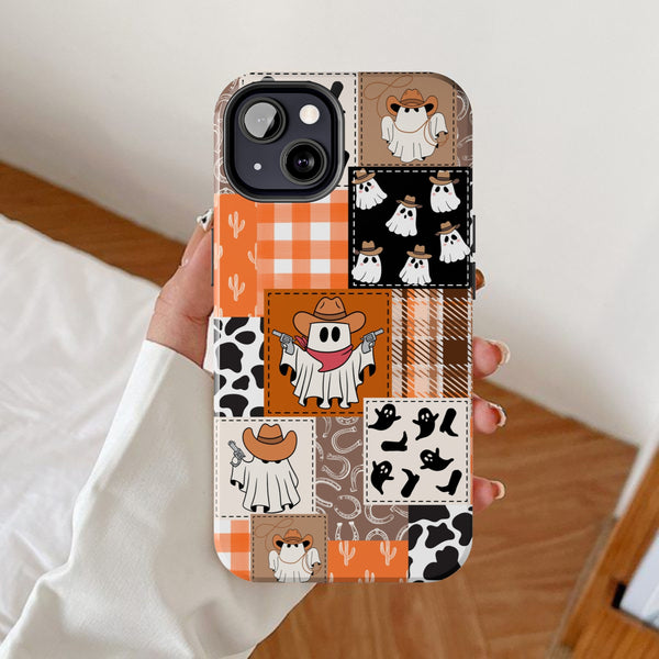 Ghost cowboy patchwork phone case, Halloween western iPhone cases, Ghosts cowgirl Samsung galaxy, Spooky season google pixel, Fall autumn