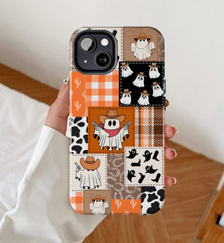 Ghost cowboy patchwork phone case, Halloween western iPhone cases, Ghosts cowgirl Samsung galaxy, Spooky season google pixel, Fall autumn