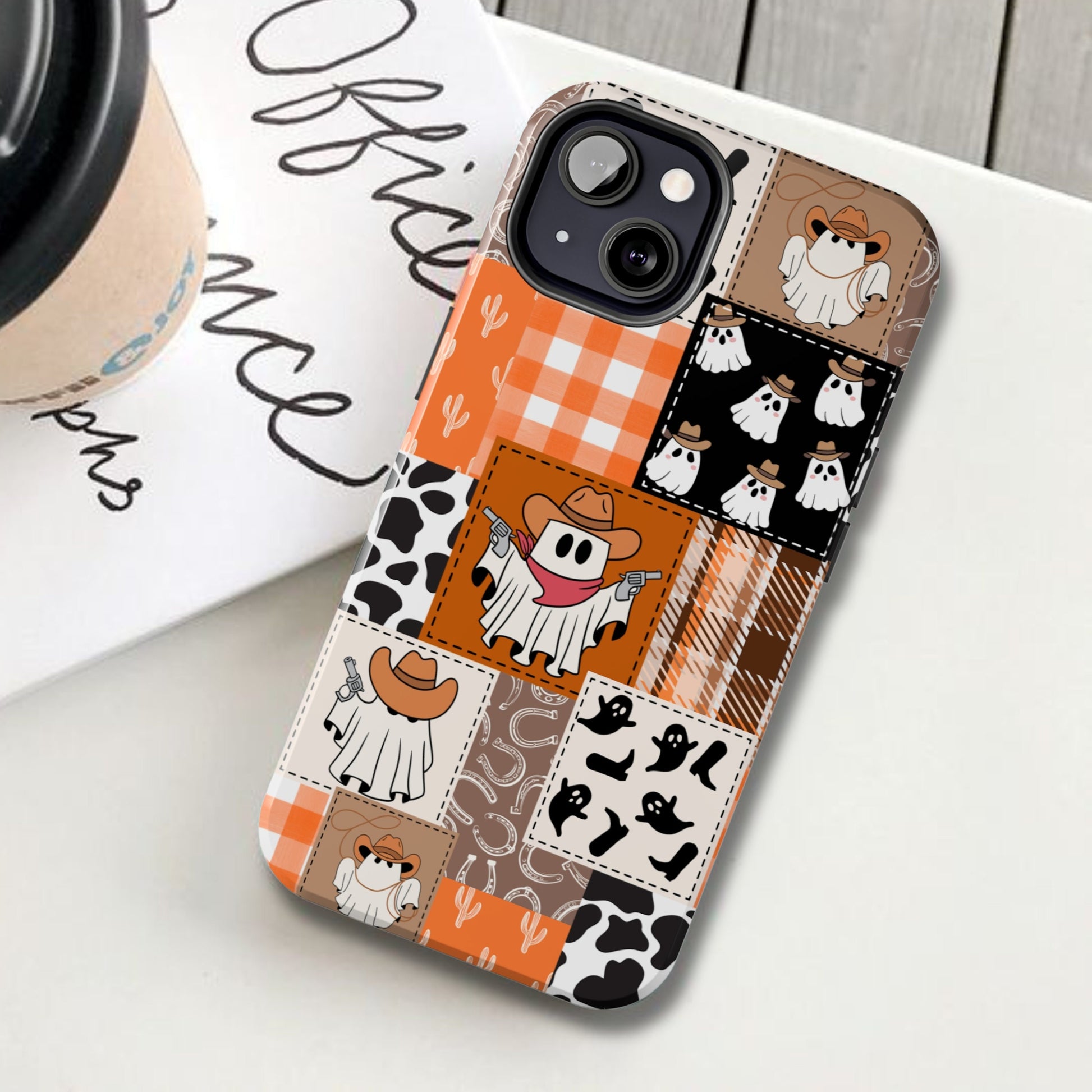 Ghost cowboy patchwork phone case, Halloween western iPhone cases, Ghosts cowgirl Samsung galaxy, Spooky season google pixel, Fall autumn