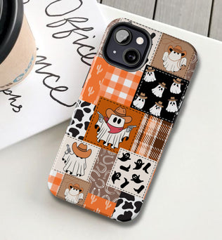 Ghost cowboy patchwork phone case, Halloween western iPhone cases, Ghosts cowgirl Samsung galaxy, Spooky season google pixel, Fall autumn