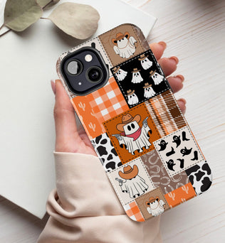 Ghost cowboy patchwork phone case, Halloween western iPhone cases, Ghosts cowgirl Samsung galaxy, Spooky season google pixel, Fall autumn