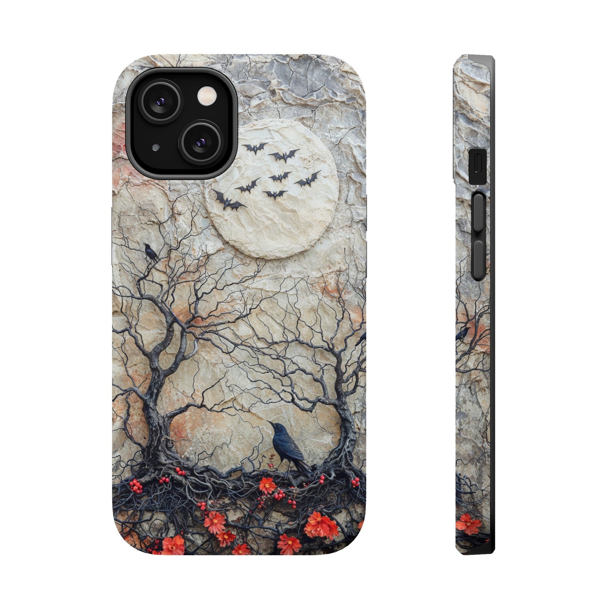 Raven Halloween MagSafe iPhone Case - Fits iPhone 15 Pro Max to iPhone 13 - Spooky Protective Cover with Bats and Flowers, Halloween Gift