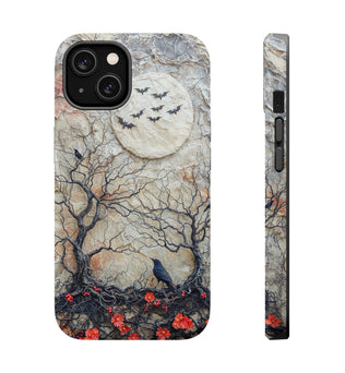 Raven Halloween MagSafe iPhone Case - Fits iPhone 15 Pro Max to iPhone 13 - Spooky Protective Cover with Bats and Flowers, Halloween Gift