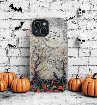 Raven Halloween MagSafe iPhone Case - Fits iPhone 15 Pro Max to iPhone 13 - Spooky Protective Cover with Bats and Flowers, Halloween Gift