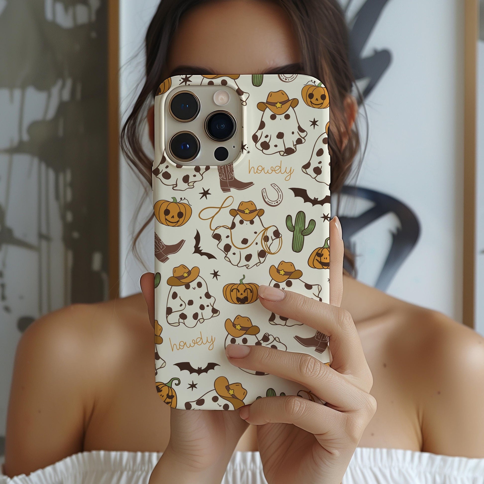 Western Ghost Phone Case, Cute Halloween, Cowboy Phone Coverfit for iPhone 15 14 13 12 11 Pro Max Xr 8Plus, Samsung S24 S23 S22 FE A15 A14 A55A25 Pixel 8 7