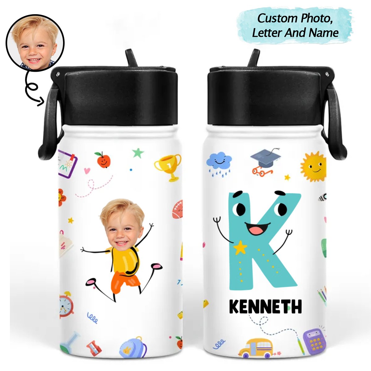 Kid - Custom Photo Letter School Kid - Personalized Kids Water Bottle